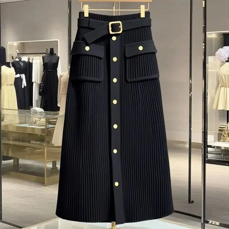 Elegant Office Lady High Waist Wrapped Knitted Skirts Autumn New Fashion Single Breasted Slim Temperam Wool Midi Skirt