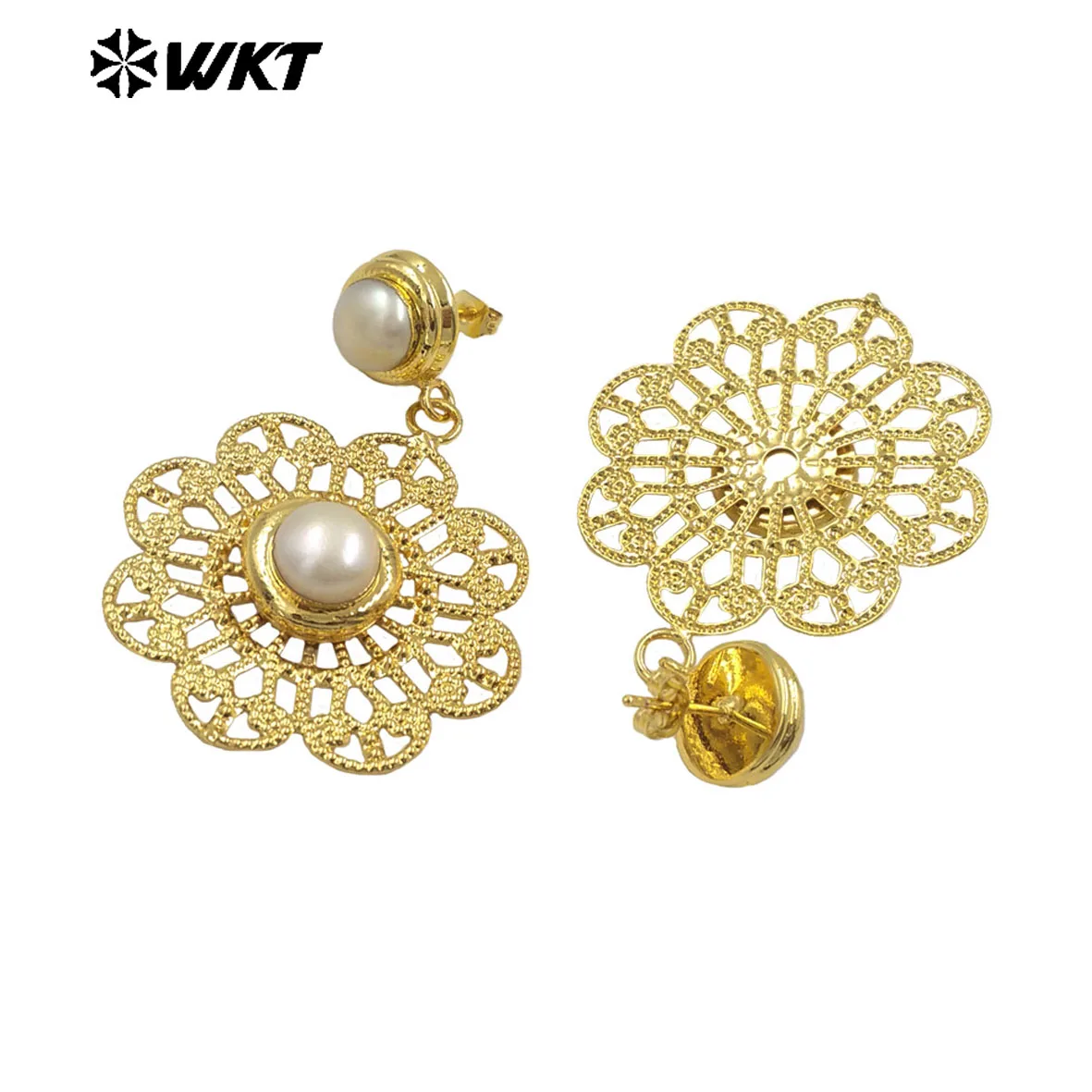 WT-E595 WKT Special Design Natural Pearl Earrings Gold Electroplated Hollow Out ACC Fashion Jewelry Gift For Lady