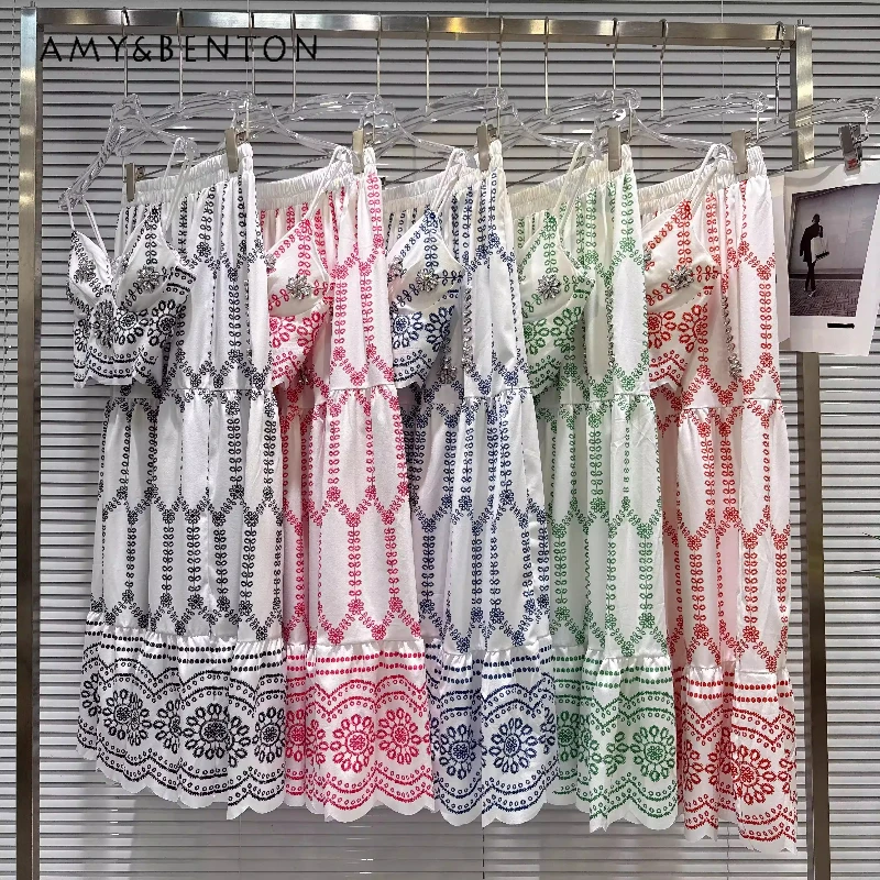 

Holiday Ethnic Style Flower Nail Diamond Women's Sling Retro Design Sweet Fashion Temperament Long Skirt Colorful Suit Ladies