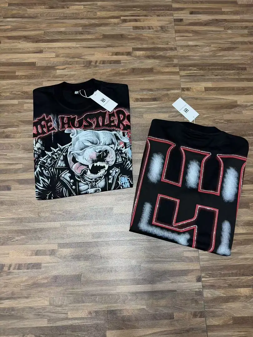 Oversized Life Hustlers Punk Bulldog Graffiti Print T Shirt Men Hip Hop Streetwear Vintage Graphic Short Sleeve Cotton Tees