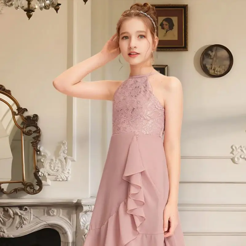 

FA Kids A-line Halter Asymmetrical Chiffon Lace Junior Bridesmaid Dress Cascading Ruffles Party Flower Girl Dress Wedding Formal