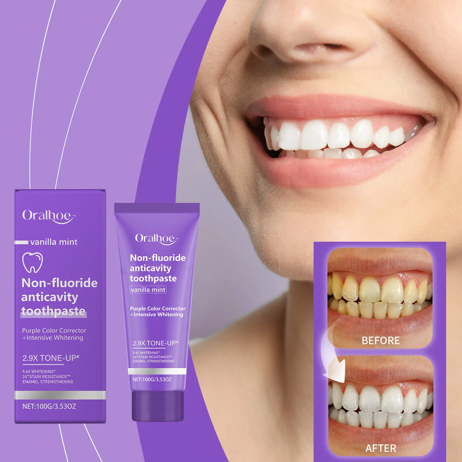Restauro de los dientes, polvo Mineral, blanqueamiento Dental, elimina las manchas, limpieza Oral, aliento fresco, mejora el olor, pasta de dientes blanqueadora púrpura