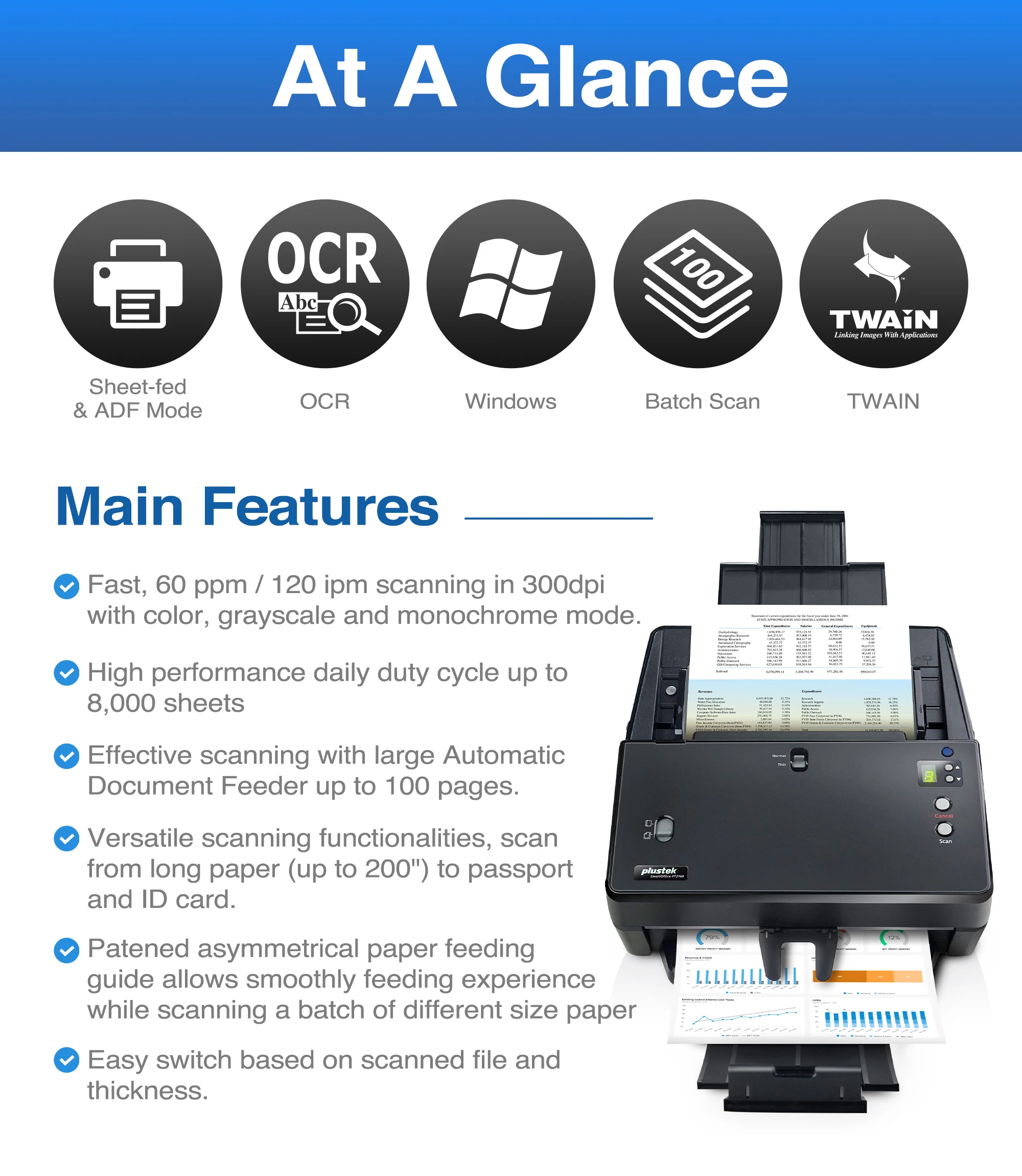 Plustek High-Speed Duplex Document Scanner PT2160 - 60 page per minute (Color), 100 Pages Batch Scan, Support passport scanning