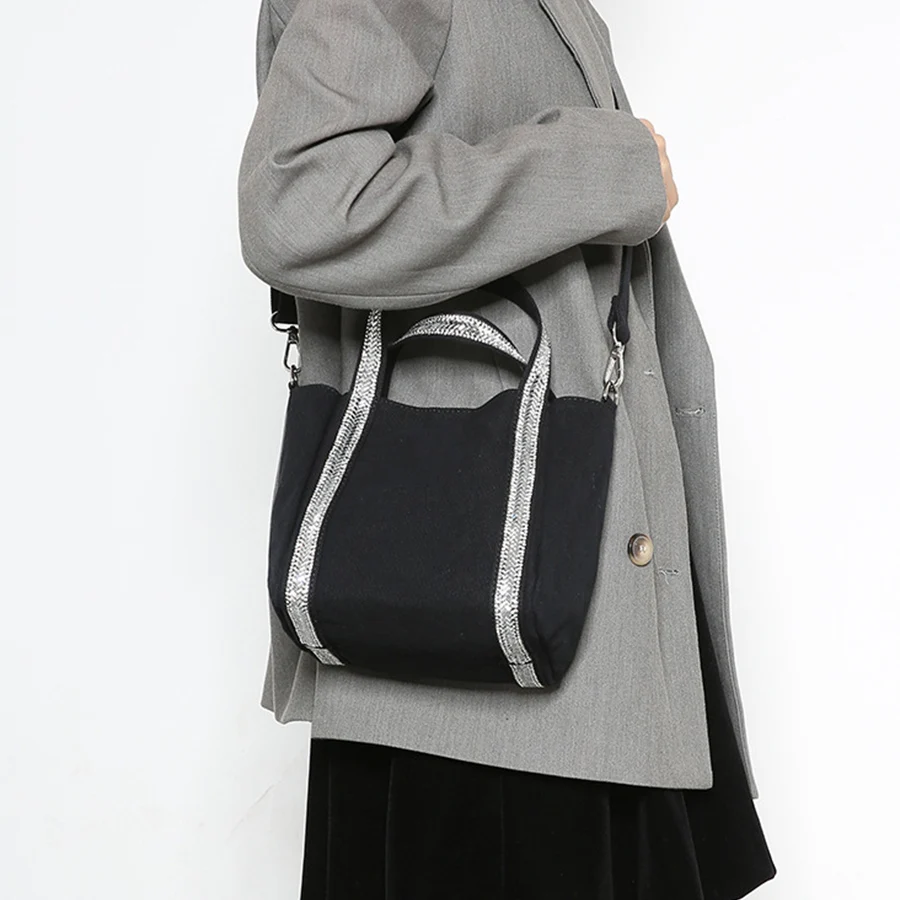 Fashion canvas rhinestone large-capacity tote bags contrasting color retro one-shoulder messenger bag for women bucket handbags