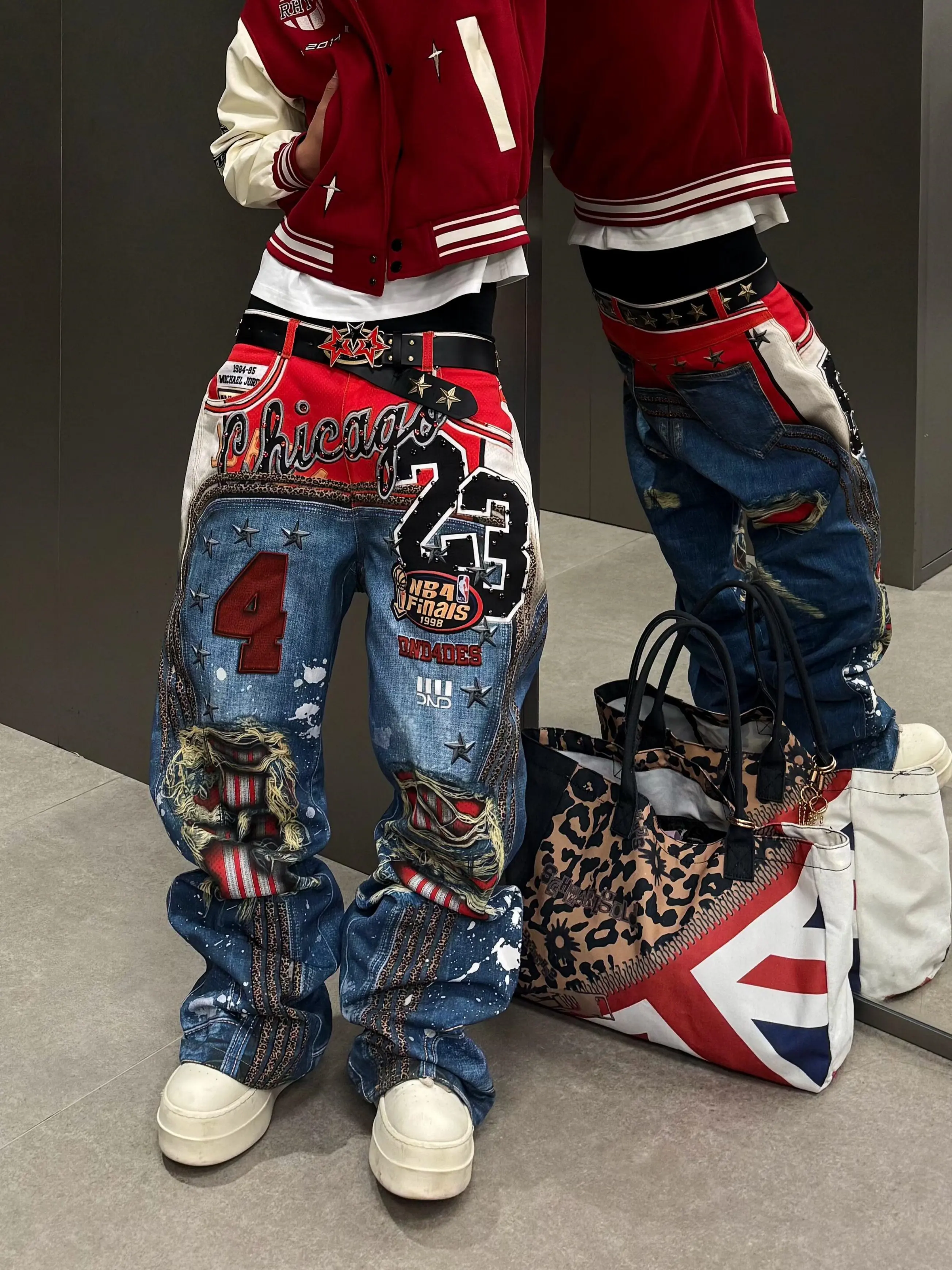 Retro American Street Washed Printed Hole Leopard Print Men's Jeans Casual Loose Straight Leg Long Trousers High Waist Denim