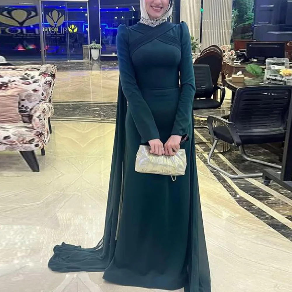 Customized Middle East Evening Dresses Crystal Neck Long Sleeve Formal Dress with Detachable Train Islamic Vestidos De Novia