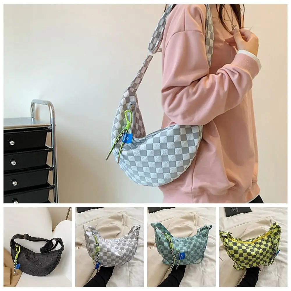 Dumpling Shape Half Moon Messenger Bag Personality Large Capacity Grid Plaid Crossbody Shoulder Bag Nylon Ins Style Shopping