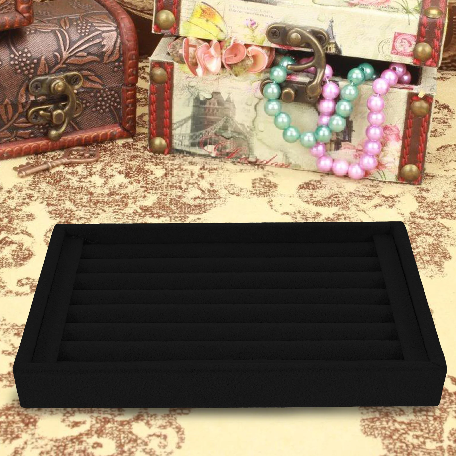 Full Suede Jewelry Tray Large Capacity Ring Storage Display Black Jewlery Necklace