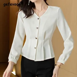 Fashion French Small Waist White Shirt for Women 2023 Autumn V-Neck Intellectuality Single Breasted Long Sleeved Apricot Blouses