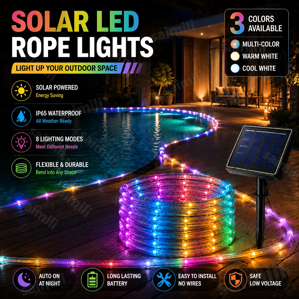 Waterproof Solar LED String Lights Tube Rope Design 8 Modes Outdoor Lighting For Yard Tree Eave Home Holiday Party Decoration