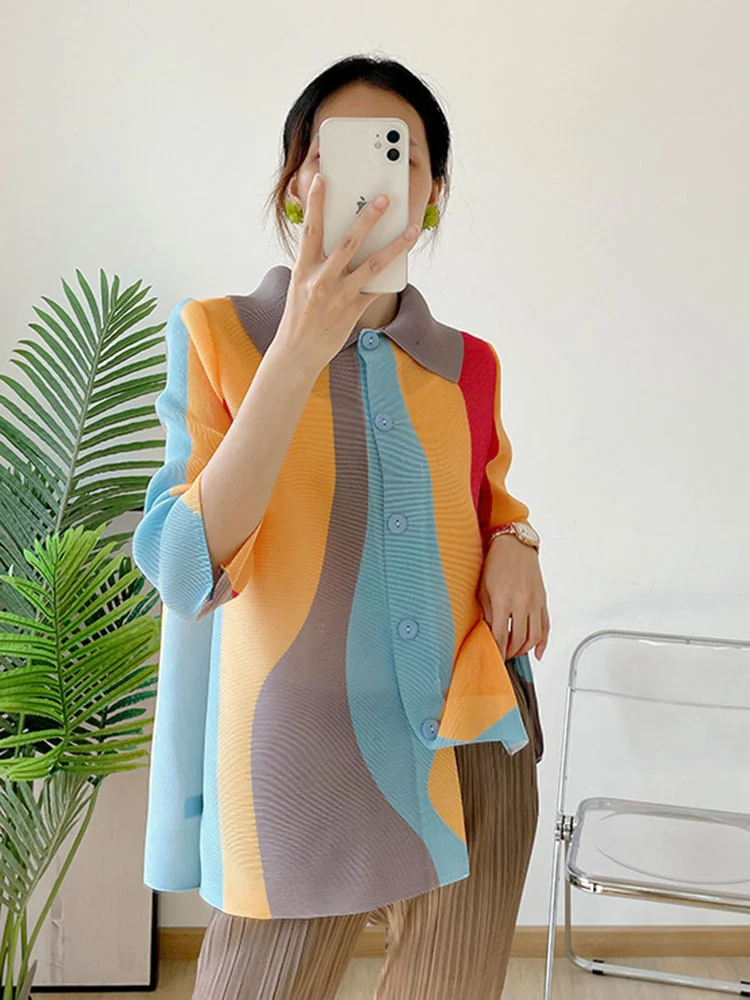 

Miyake Lapel Single Breasted Printing Pleated Shirts Women 2024 Summer Color Block Female Chic Top New Trendy Clothes