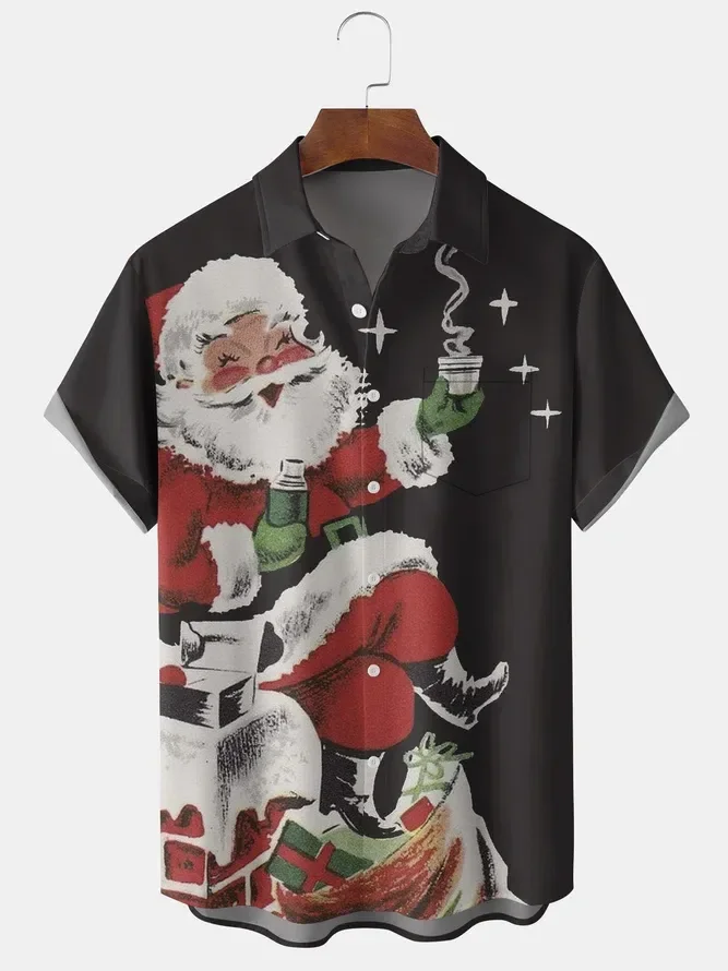 New Hawaiian Christmas Shirts for Men Santa Print Casual Breathable Short Sleeve Summer Tops US Size Hangover Shirt