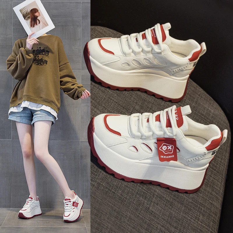 

Womens White Red Color Block Platform Chunky Heel Sneakers Cartoon Logo Breathable Lace Up Casual Daily Sports And Casual Shoes