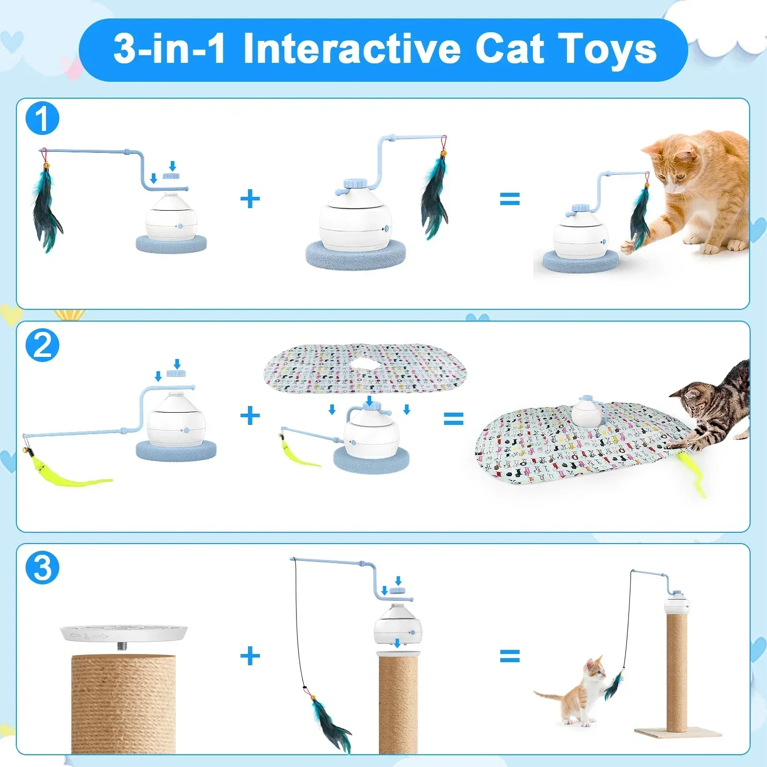 3 in1 Intelligent Cat Toy Electric Wand Cat Toy, Indoor Three Mode Automatic Cat Toy,Interactive Electronic Cat Feather Toy Cats