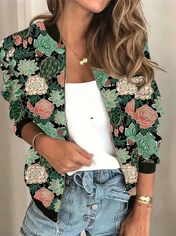 

Женская бейсбольная куртка с цветочным принтом, легкая быстросохнущая ткань, функциональные карманы на молнии, шикарный повседневный стиль черного золота