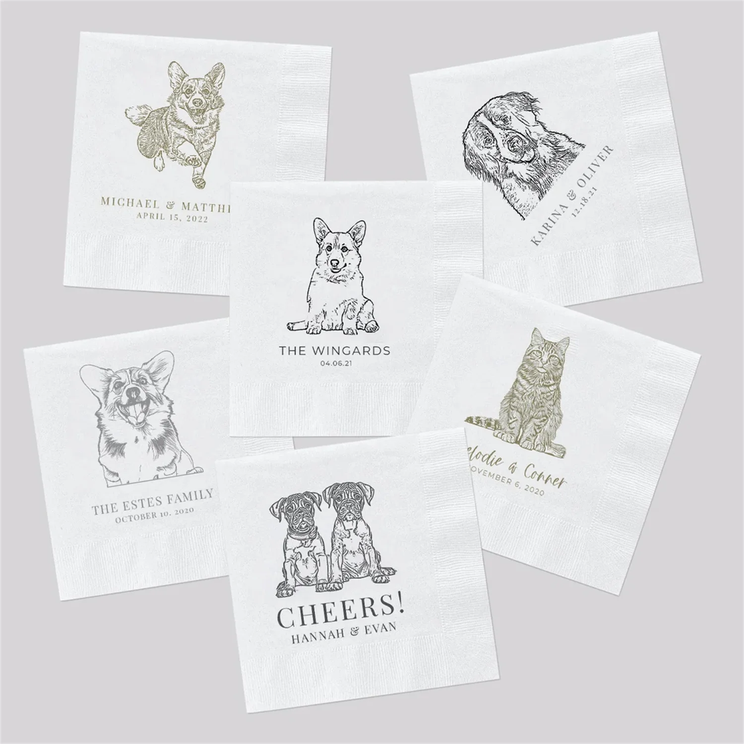 

50 PCS Custom Pet Cocktail Napkins for Weddings and Special Events - Personalized Wedding Napkins with Dog or Cat Illustrations