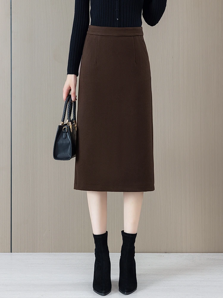 

High Waist A-Line Skirt Women's Autumn Winter Thickened Woolen Straight Cut Skirt Mid-Length Wrap Body Skirt