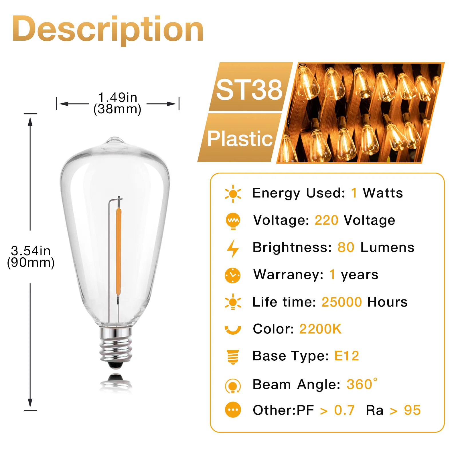 Vintage ST38 Lâmpadas LED de substituição, plástico E12, 1W Equvalente, 7W, incandescente decorativa, lâmpadas inquebráveis para luz de corda