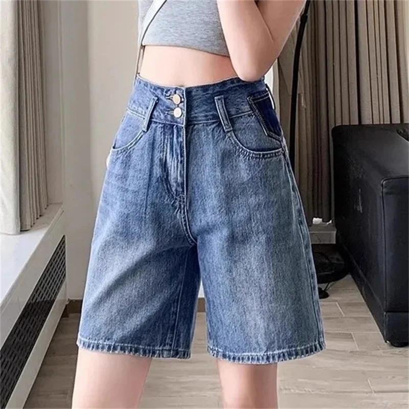 High waisted denim shorts for women 2025 New Summer Loose Straight leg five inch mid length pants Female Casual Short Jeans
