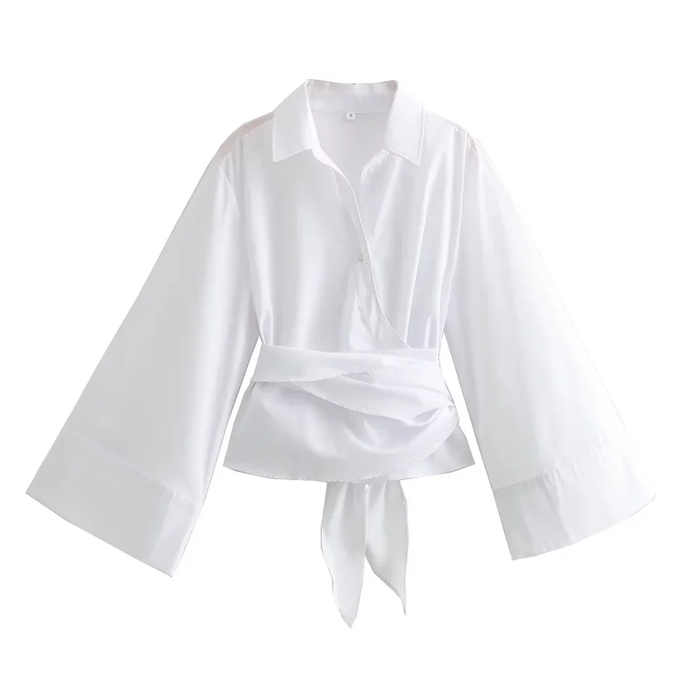 Nieuwe Damesmode Casual Polo Hals Strik Korte Editie Double Breasted Poplin Shirt