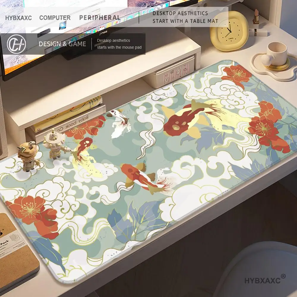 HYBXAXC Japanese Mousepad Koi Desk mat Minimal Japan Mousepad Gold Blue Anime Aesthetics XXL Gaming Nature Large Mouse Pad 90x40