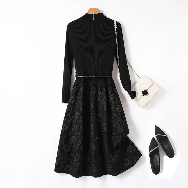 Women Elegant Spliced Fashion Vintage Dress Knitted Casual Belt Temperament Classic Solid Black Dresses