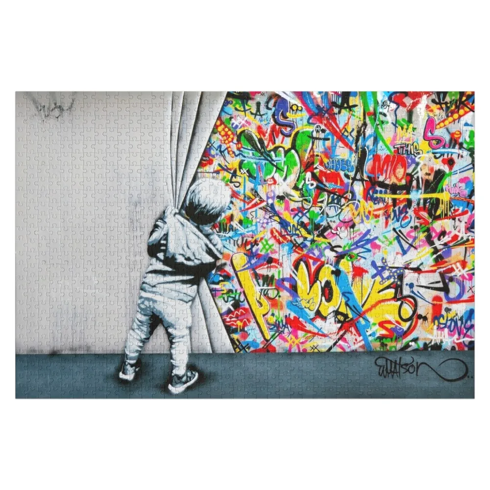 

Behind The Curtain Boy - Colorful Graffiti Pop Art - Banksy Street Art Mural Jigsaw Puzzle Wooden Name Wooden Animal Puzzle