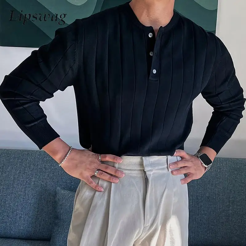 

Slim Fit Mens Sweaters Autumn Casual Solid Color Long Sleeve Bottoming Tops Knitting Men Vintage Henley Neck Buttoned Sweater