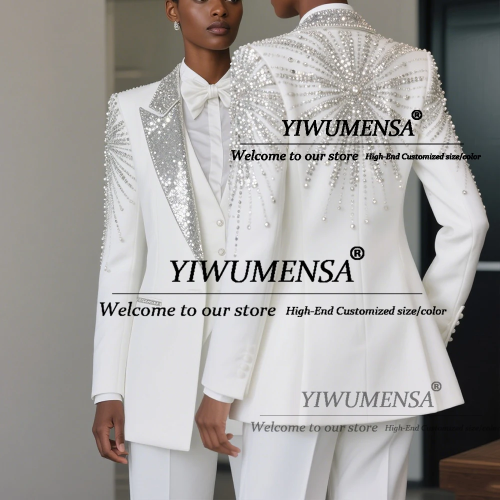 

Brilliant Beaded Crystals Mother Of The Bride Dresses Customized 3 Pieces Sets Single Breasted Party Tuxedo Women Pants Suits