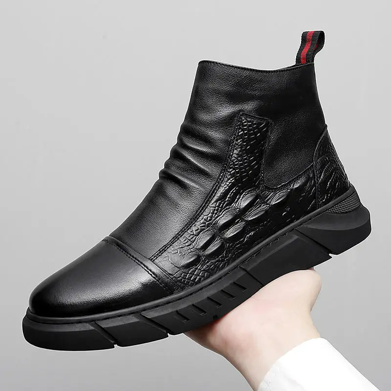 Winter Men Ankle Boot Crocodile Pattern Handsome Fashion Black HighTop Shoe British Style Ninja Plush Cotton Shoe мужская обувь