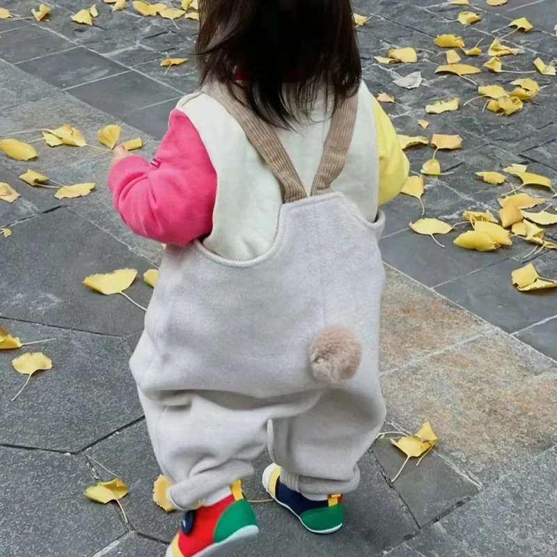 New Spring Autumn Boys and Girls Overalls Solid Soft Woolen Cloth Rabbit Tail Straps Jumpsuit Children Casual Warm Pants E23430