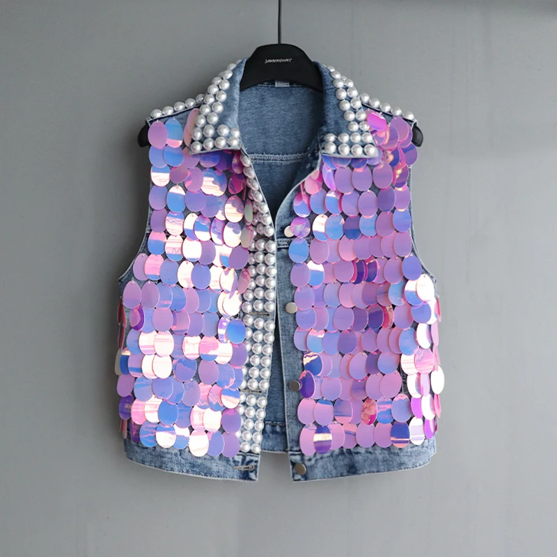 

Spring Summer Women's Pearls Beaded Sequins Denim Vest Diamonds Jeans Waistcoat Crystal Cowboy Tanks Cardigan High Waist Tops