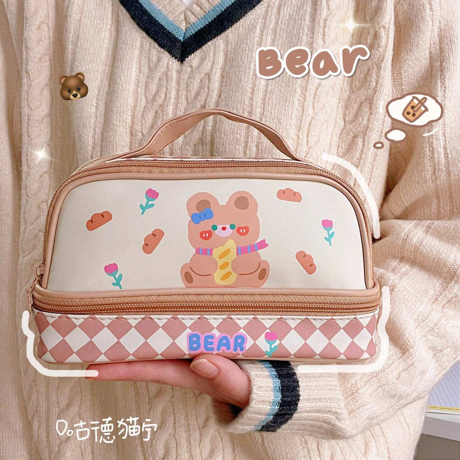 Cartoon Large Capacity Pen Bag Student Handheld Pen Bag Double Layer Storage Bag Cute And Simple Makeup Bag Stationery Box