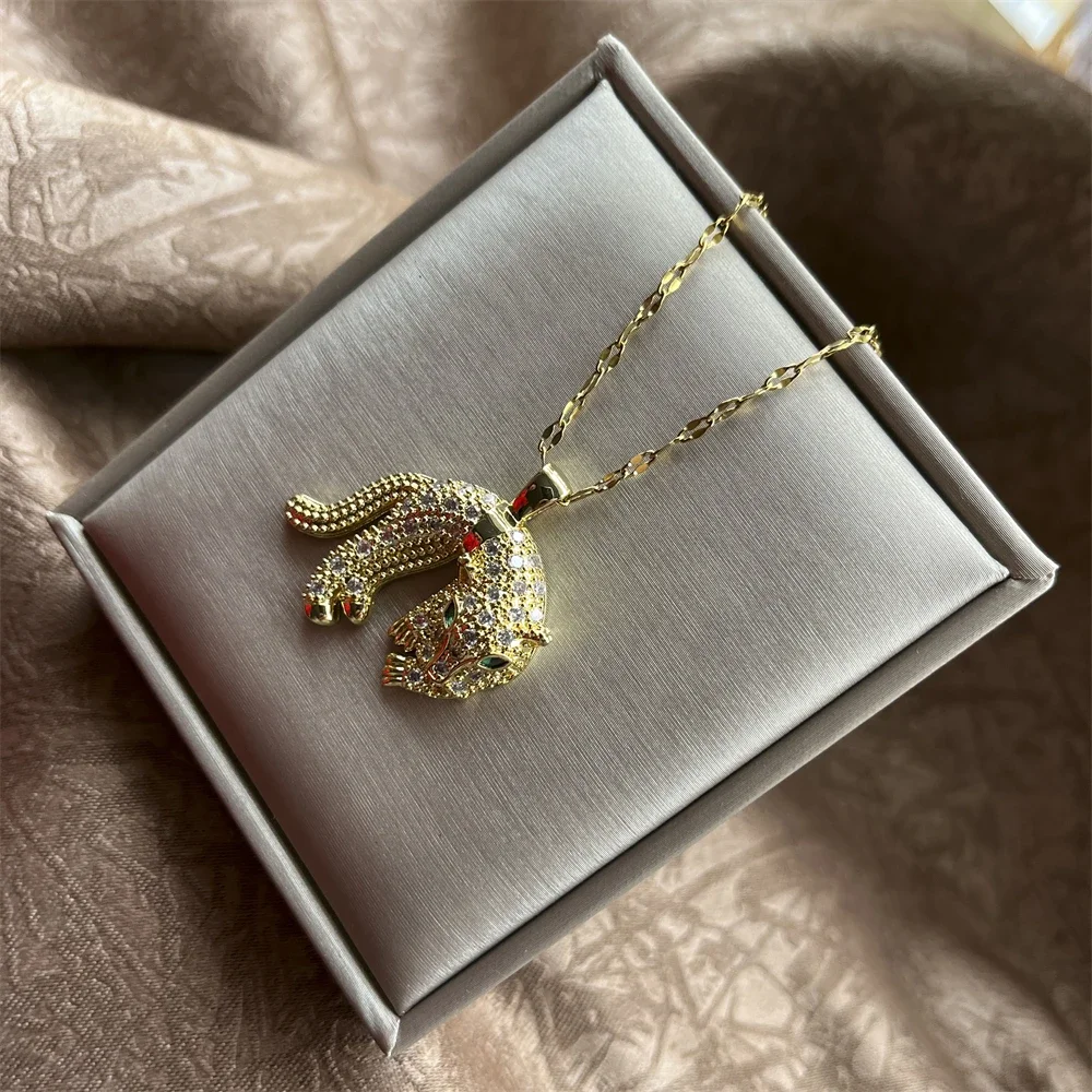 Hip Hop Leopard Stainless Steel Chain Necklace Personality Zircon Filled Titanium Steel Leopard Animal Jewelry For Women
