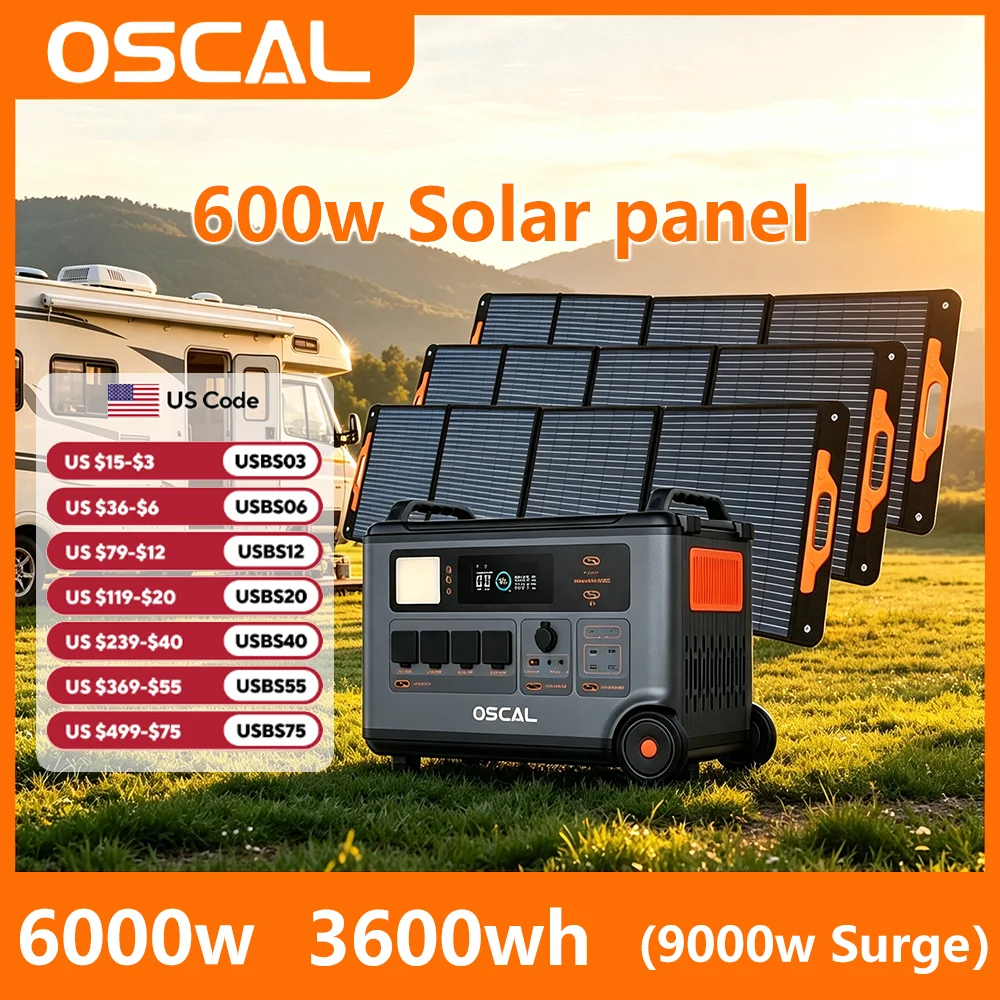 OSCAL PowerMax 6000 Solar Generator with 3x200W Solar Panel, 120V/240V 3600Wh Power Station 6000W AC Outlets (9000W Peak), 2200W AC Charging/2400W Solar Charging, Emergency for Home, Battery Backup