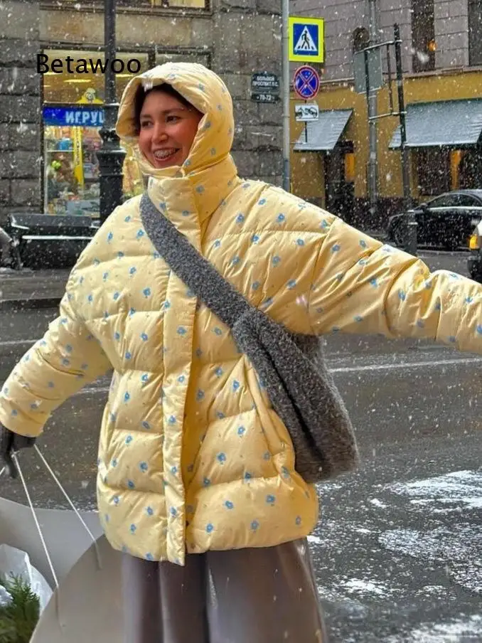 Women Winter College Style Small Floral Cute Warm Padded Coat Hooded Outerwear Suitable For Cold Weather Daily Travel And Outdo