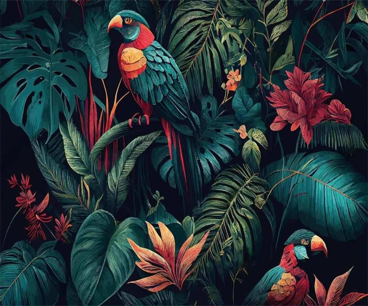 Custom size 3d wallpaper Rainforest plants flowers Macaw background mural Home decoration flowers and birds decorative painting