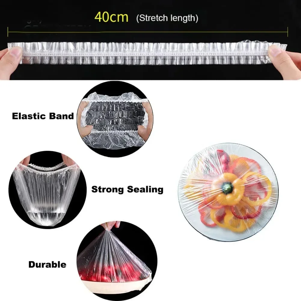 100pcs Disposable Food Cover Plastic Wrap Elastic Food Lids Fruit Bowls Cups Caps Food Fresh SealKitchen Fresh Keeping Saver Bag