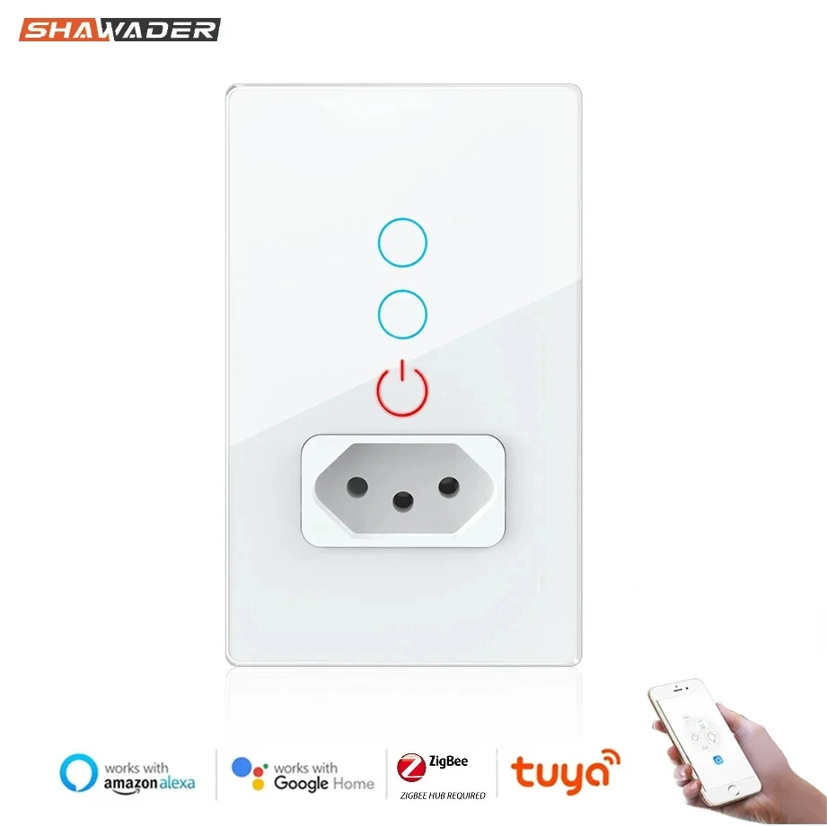 Shawader Zigbee Tuya Smart Brazil Light Switch Tomada Wall Socket Brazilian Plug Outlet Glass Panel Remote by Alexa Google Home