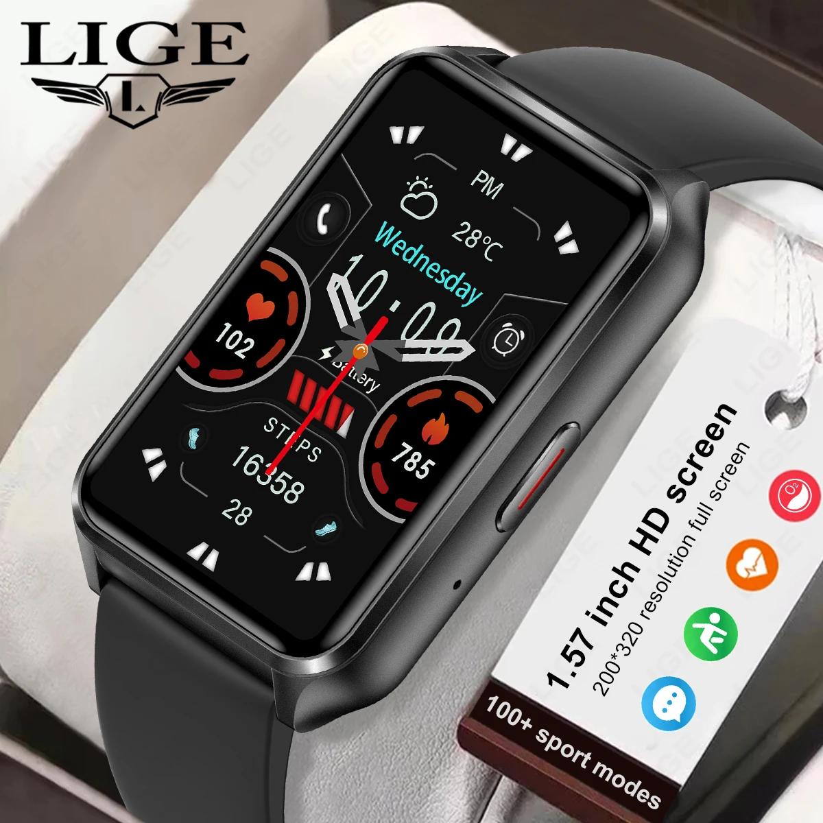 LIGE Smart Watch Men Bluetooth Connected Phone Music Sports Luxury Bracelet Fitness Sleep Monitoring 1.57-inch Women Smartwatch