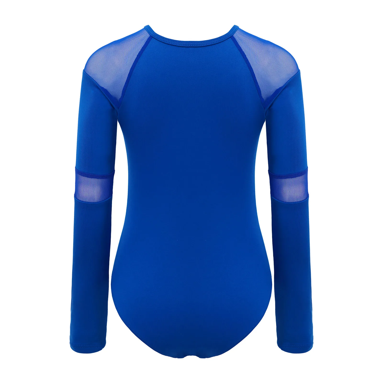 キッズガールズ体操フィギュアスケートダンス衣装ラウンドネックシアーメッシュパッチワーク長袖バレエダンスレオタードボディスーツ
