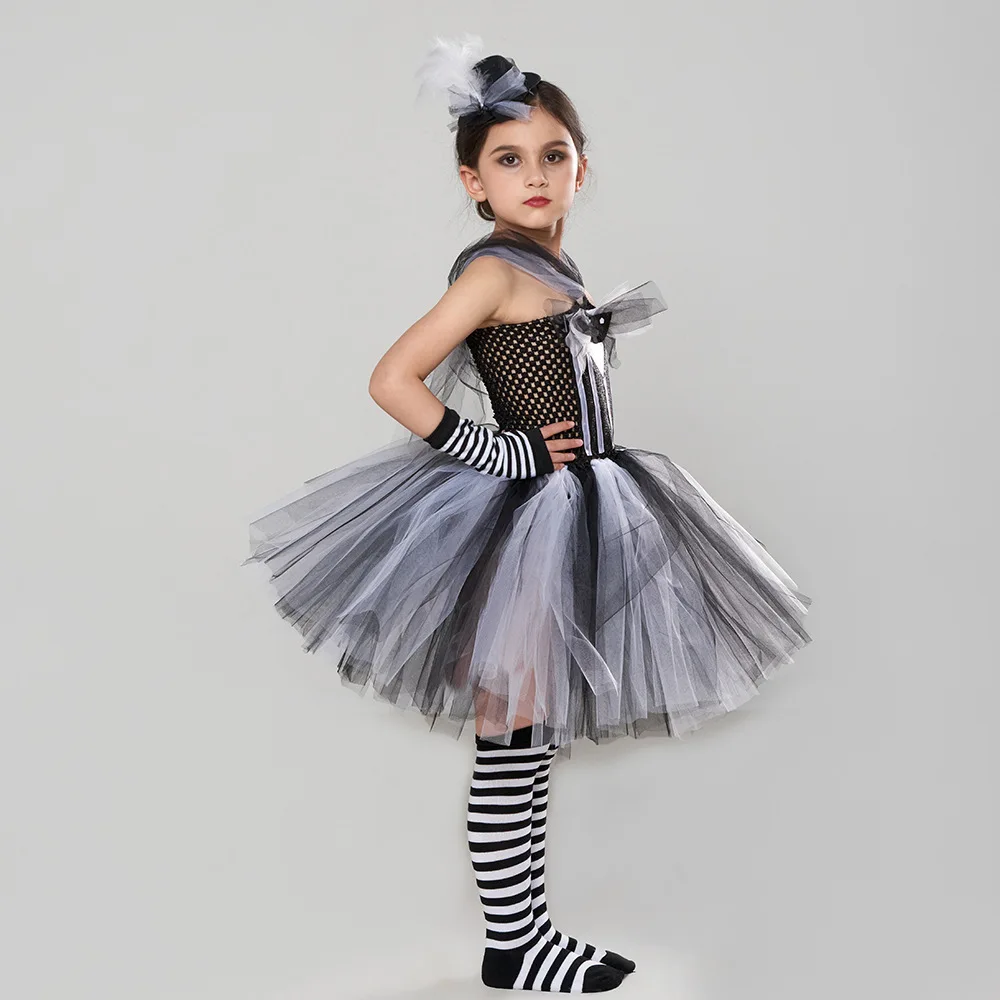 Gotisches Geister-Tutu-Kostüm für kleine Kinder, schwarz-weißes Tüllkleid, volle Socken, Stirnband für Süßes oder Saures, Schule, Bühne, Faschingskostüm – Detail 5