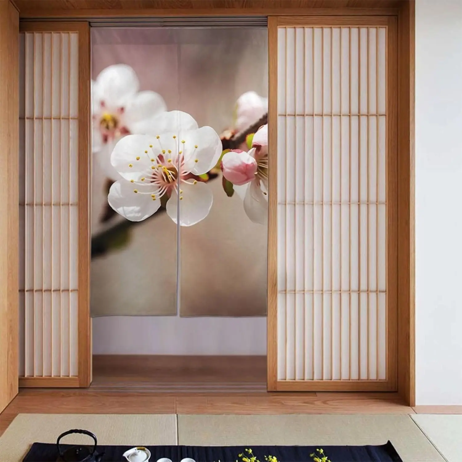 Elegant Japanese Sakura Noren Curtain, White Cherry Blossom Floral Pattern,Artistic Door Curtain for Home Tea Room Study Kitchen