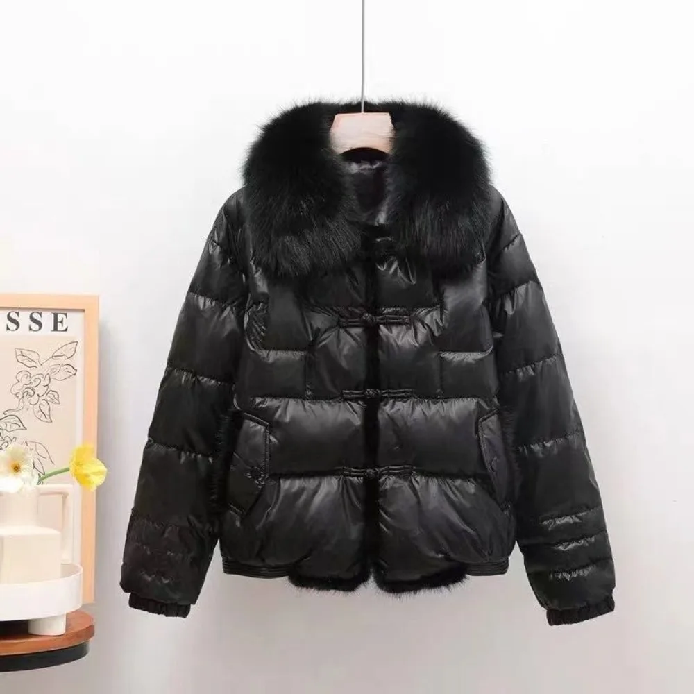 Loose Jacket Female Parka Outerwear Vintage White Duck Down Real Fox Fur Jacket 2024 Ladies Winter Women Short Warm Puffer Coat