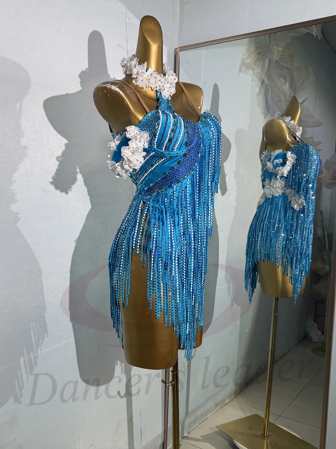 

Latin Dance Dress High-end Custom Blue Diamond Bar Rhinestone Women's Adult and Children's Professional Clothing