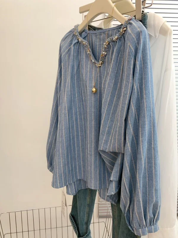 

plus Size 300 Pou Luxury Blue Striped Long Sve irt Women's Lazy Sle Mid-Length Ruffle Collar Top Autumn Faion