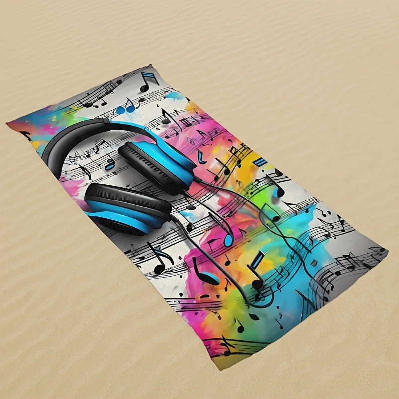 1pc Headphone Note Pattern Beach Towel, Versatile Towel for Seaside Beach Swimming Pool Bathroom Camping Trip Yoga Fitness