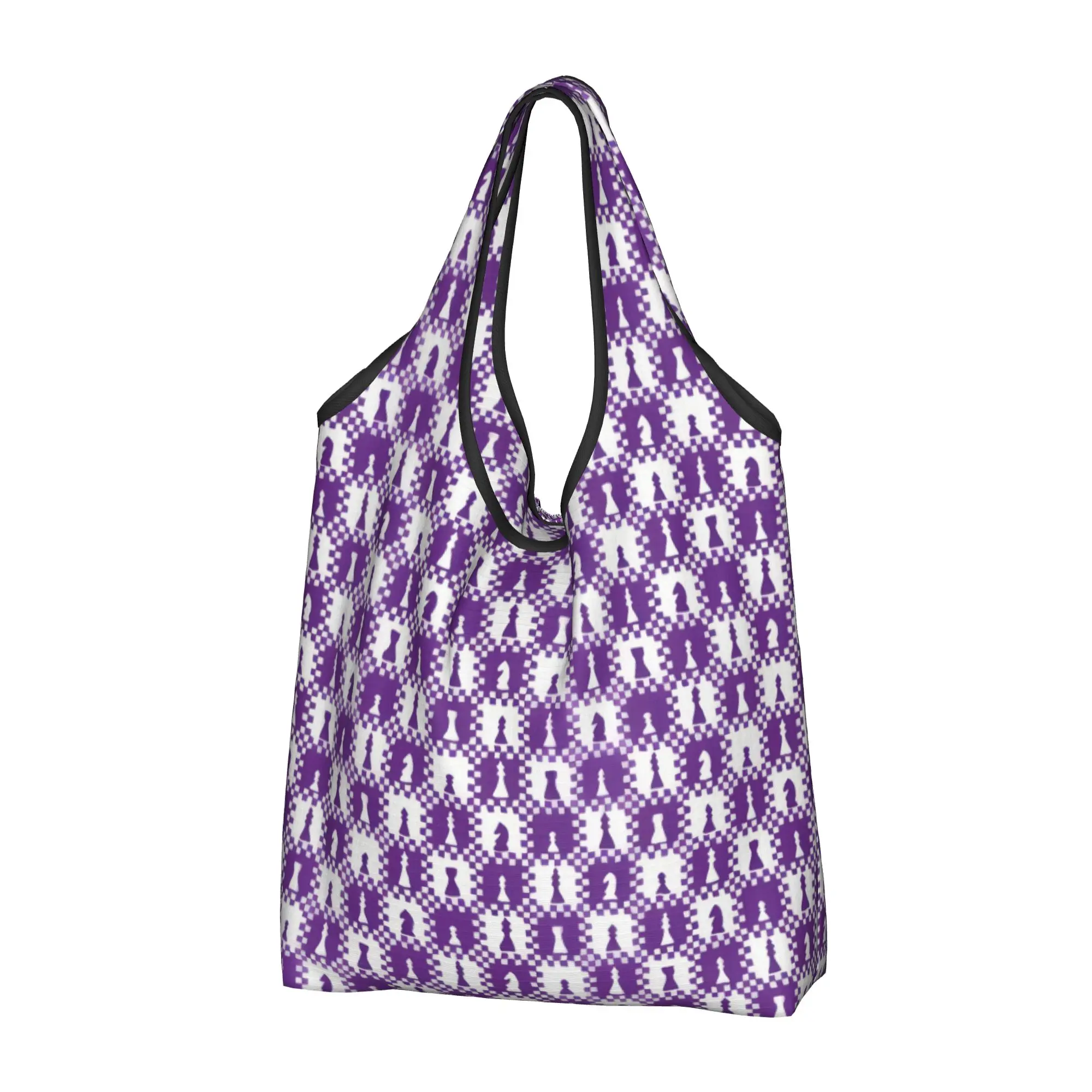Chessmen Game Pieces on Checkerboard in Purple and White Grocery Shopping Bag Cute Shopper Shoulder Tote Bag  Portable  Handbag