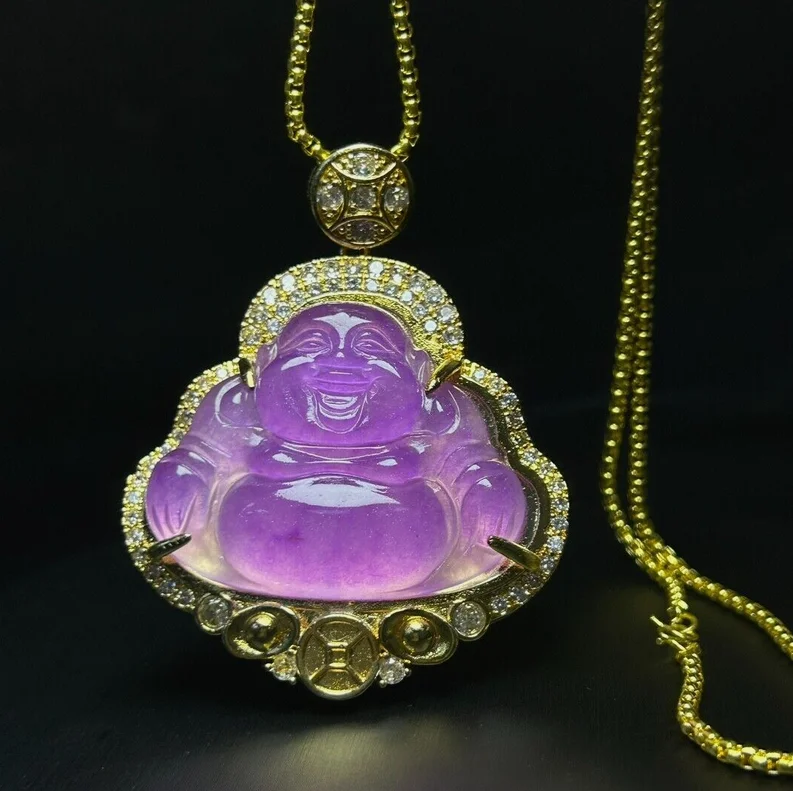 Certified Nature ice Lavender inlay Jade Jadeite Carved Buddha Pendant&Necklaces