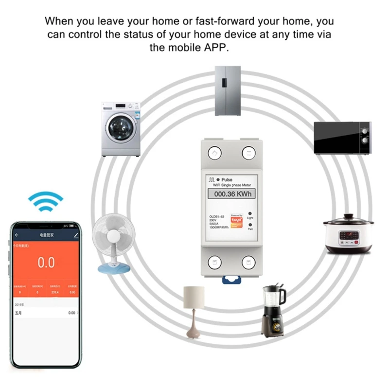 Medidor de energía inteligente monofásico Din Rail Wifi medidor de consumo de energía Kwh para aplicación Smartlife/Tuya Alexa Google Home